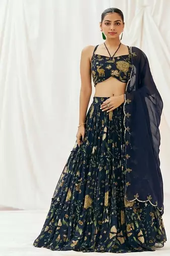 Navy Blue Floral printed Georgette Lehenga