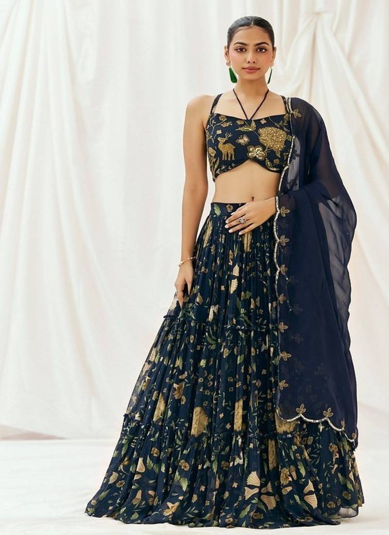 Navy Blue Floral printed Georgette Lehenga