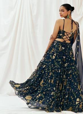 Navy Blue Floral printed Georgette Lehenga 2