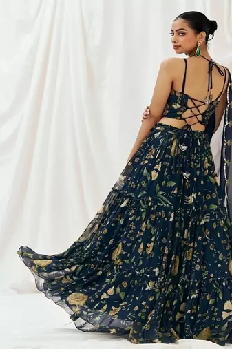 Navy Blue Floral printed Georgette Lehenga