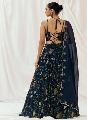 Navy Blue Floral printed Georgette Lehenga 3