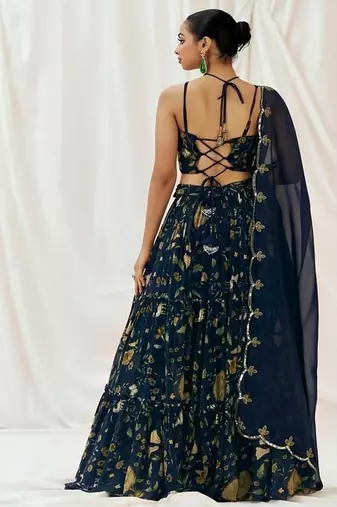 Navy Blue Floral printed Georgette Lehenga
