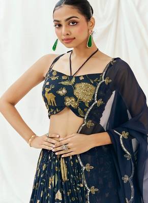 Navy Blue Floral printed Georgette Lehenga 4