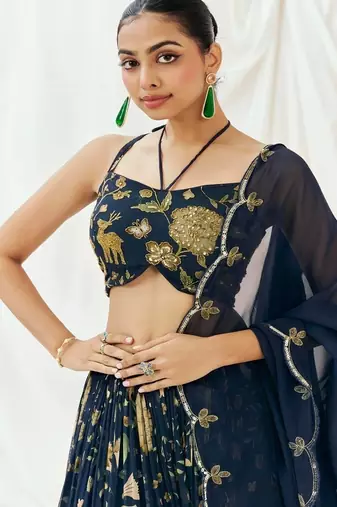 Navy Blue Floral printed Georgette Lehenga