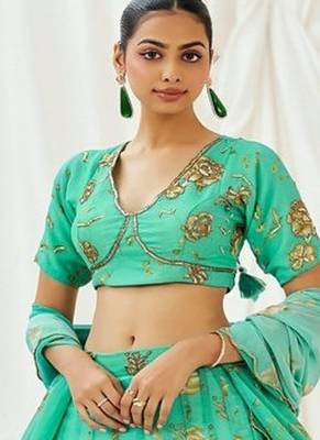 Turquoise Floral printed Georgette Lehenga 1