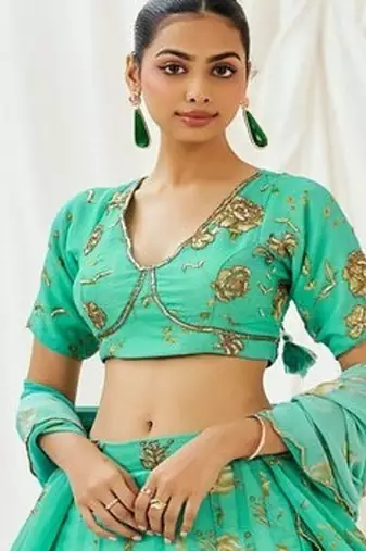 Turquoise Floral printed Georgette Lehenga
