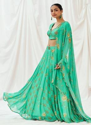 Turquoise Floral printed Georgette Lehenga 2