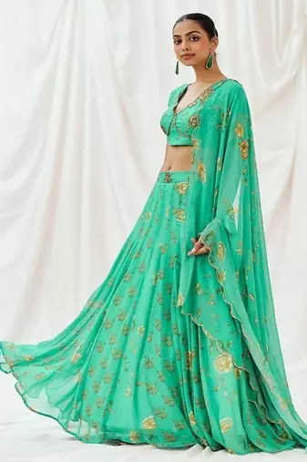 Turquoise Floral printed Georgette Lehenga
