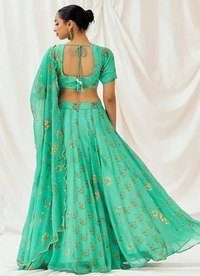 Turquoise Floral printed Georgette Lehenga 3