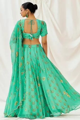 Turquoise Floral printed Georgette Lehenga