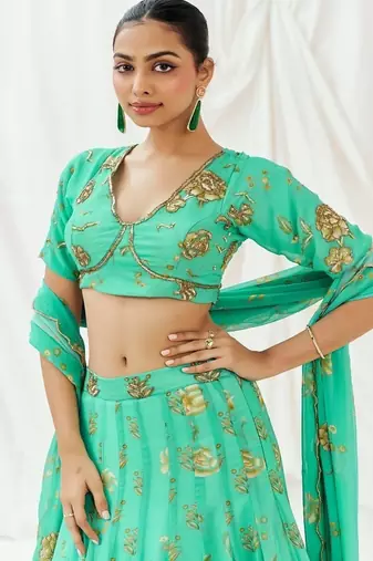 Turquoise Floral printed Georgette Lehenga