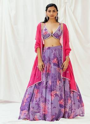 Violet Geometric printed Georgette Lehenga 1