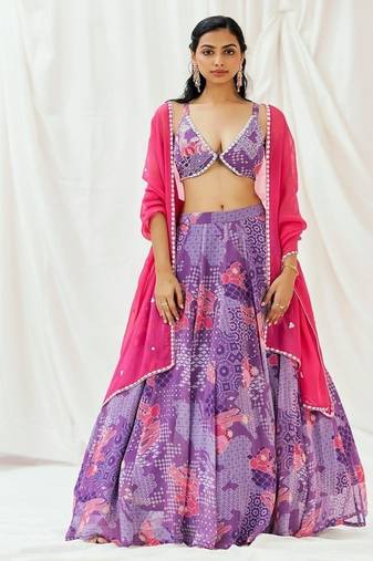 Violet Geometric printed Georgette Lehenga