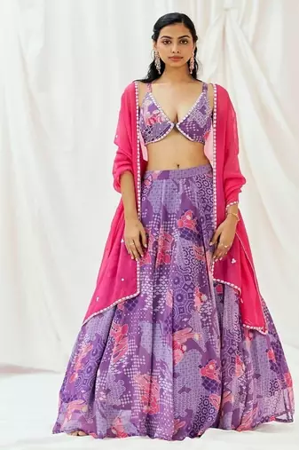 Violet Geometric printed Georgette Lehenga