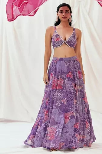 Violet Geometric printed Georgette Lehenga