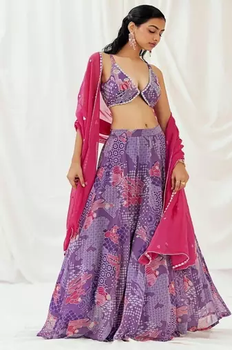 Violet Geometric printed Georgette Lehenga