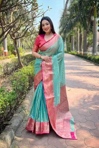 Rama Woven designer tissue silk saree with blouse piece