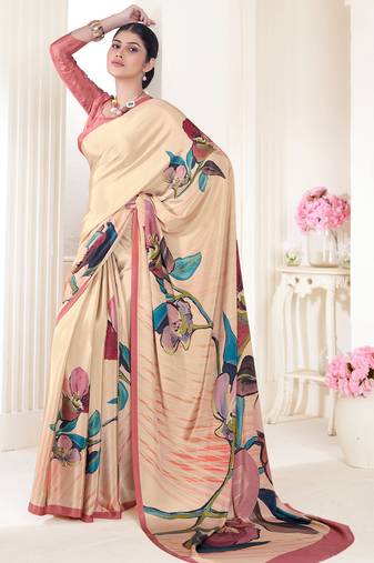 Cream designer digital printed crepe soft silk saree with blouse piece