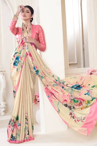 Cream designer digital printed crepe soft silk saree with blouse piece