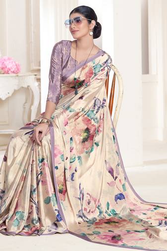 Beige designer digital printed crepe soft silk saree with blouse piece