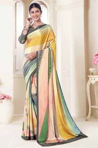 Multy designer digital printed crepe soft silk saree with blouse piece