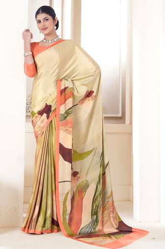 Cream designer digital printed crepe soft silk saree with blouse piece