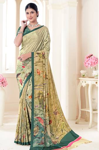 Beige designer digital printed crepe soft silk saree with blouse piece