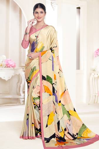 Cream designer digital printed crepe soft silk saree with blouse piece