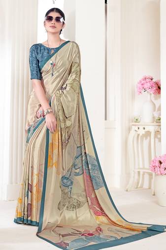 Beige designer digital printed crepe soft silk saree with blouse piece