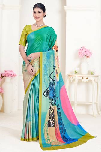 Blue designer digital printed crepe soft silk saree with blouse piece