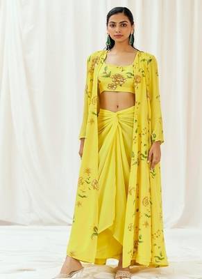 Yellow floral printed crepe cape set 1