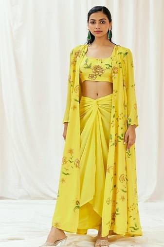 Yellow floral printed crepe cape set
