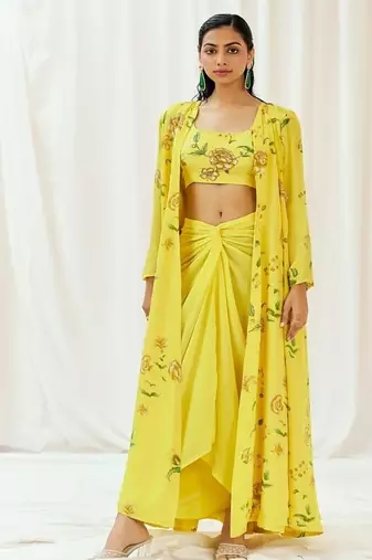 Yellow floral printed crepe cape set