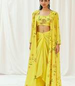 Yellow floral printed crepe cape set