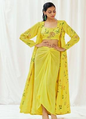 Yellow floral printed crepe cape set 2