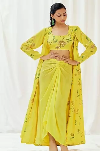 Yellow floral printed crepe cape set