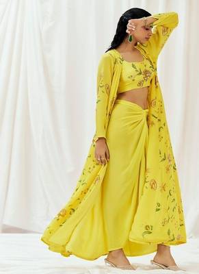 Yellow floral printed crepe cape set 3