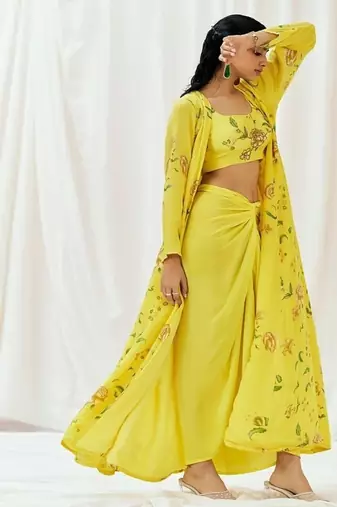 Yellow floral printed crepe cape set