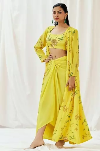 Yellow floral printed crepe cape set
