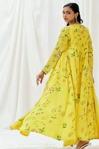 Yellow floral printed crepe cape set