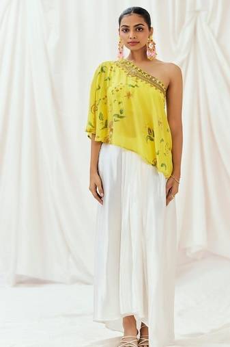 Yellow printed crepe co ord set