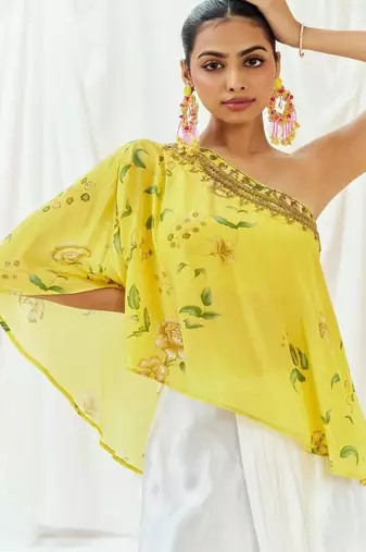 Yellow printed crepe co ord set