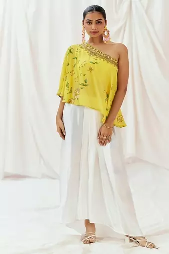 Yellow printed crepe co ord set