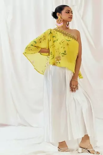 Yellow printed crepe co ord set
