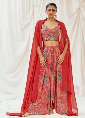 Red floral printed organza cape set 1