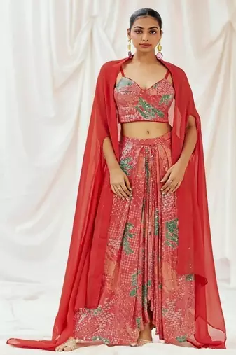 Red floral printed organza cape set