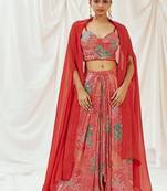 Red floral printed organza cape set