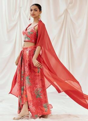 Red floral printed organza cape set 2