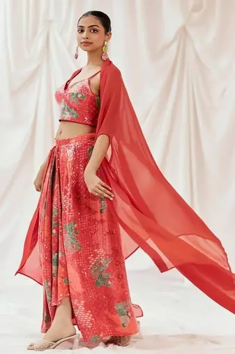 Red floral printed organza cape set