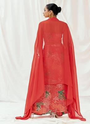 Red floral printed organza cape set 3